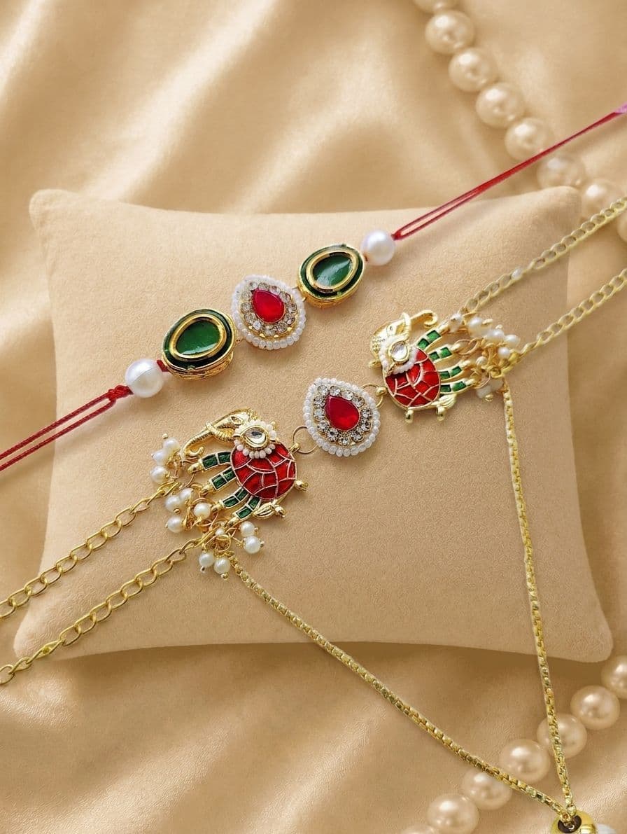 Bhaiya Bhabhi Lumba Rakhi - Kundan Design for Celebration