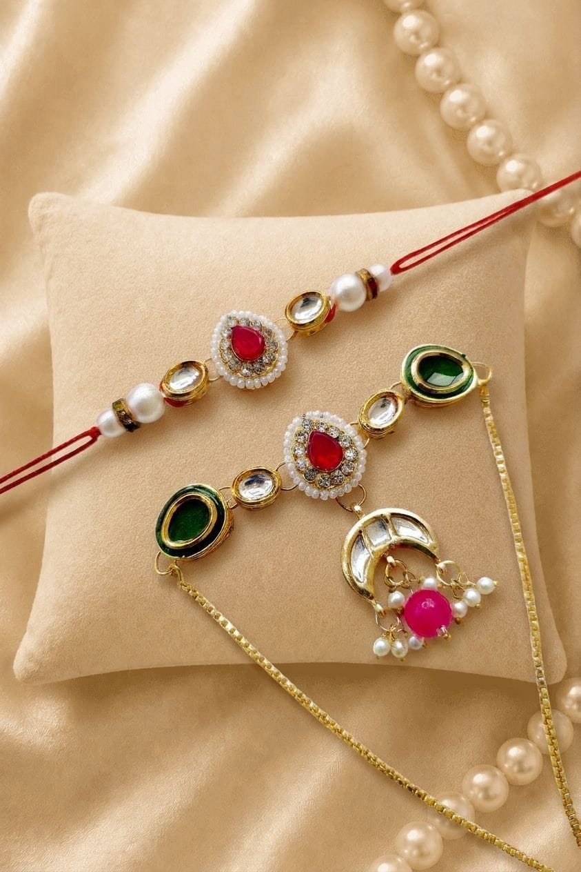 Dazzling 'Bhaiya Bhabhi' Kundan-Pearl Traditional Rakhi Duo
