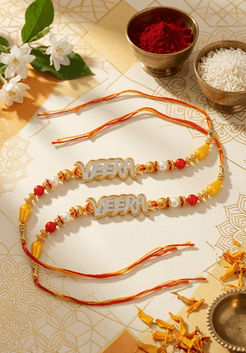 Multi-Colored Alloy and Crystal Fabric Rakhi Set 2026 for Brother