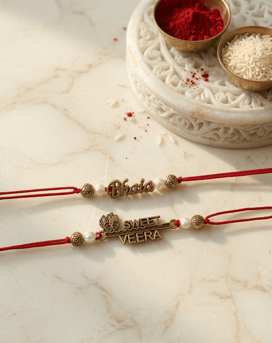 Bond of Love: Gold Alloy and Crystal Rakhi Set of 2 - Fabric Enriched