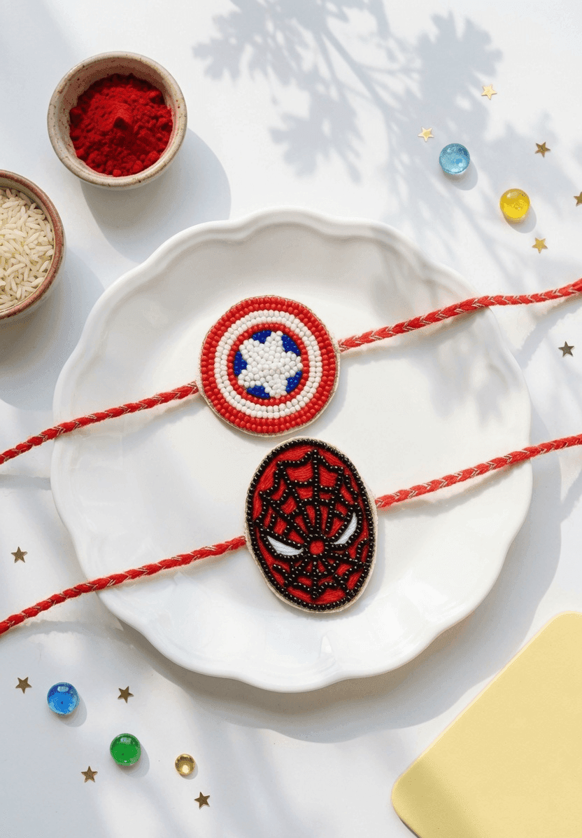 Brother's Delight Pink Beaded Spider-Man Captain America Rakhi for Kids
