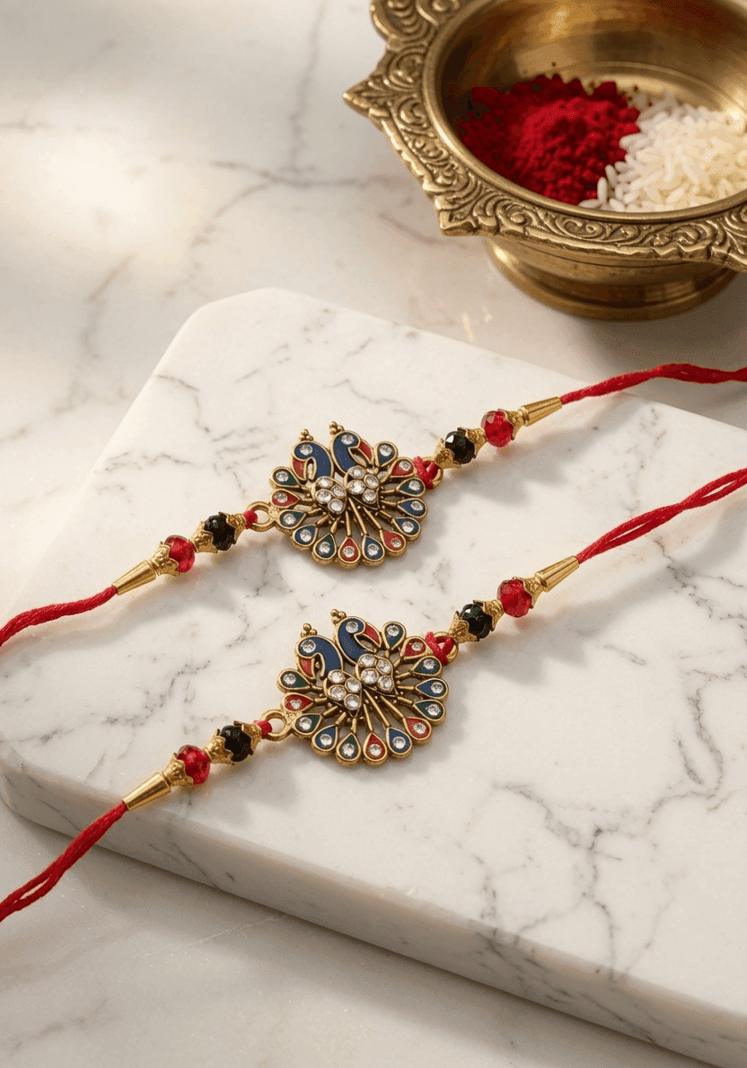 2026 Multi-Color Rakhi Gift Combo - Alloy, Crystal, Fabric Set