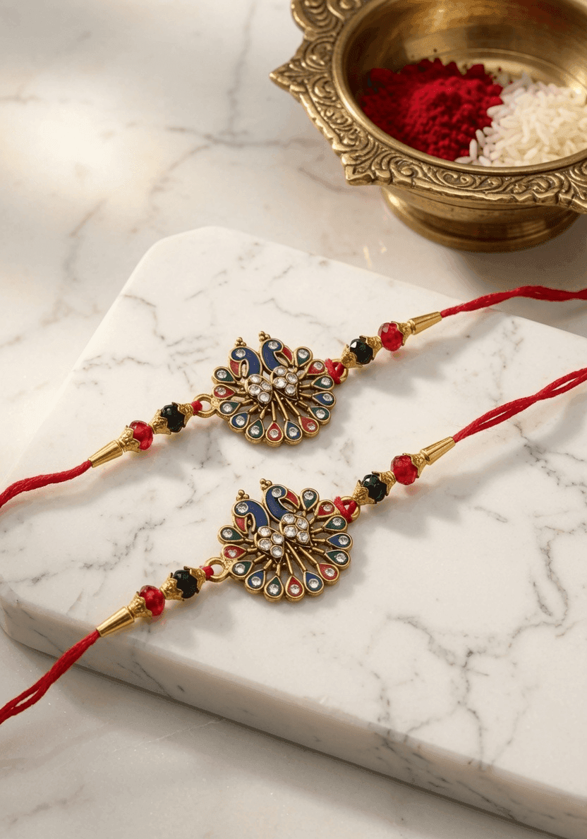 2026 Multi-Color Rakhi Gift Combo - Alloy, Crystal, Fabric Set