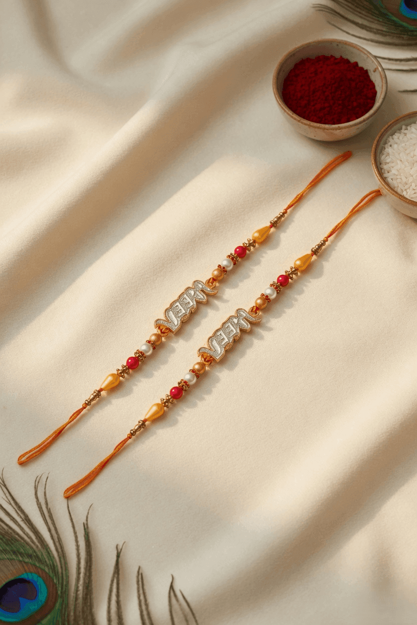Multi-Colored Alloy and Crystal Fabric Rakhi Set 2026 for Brother