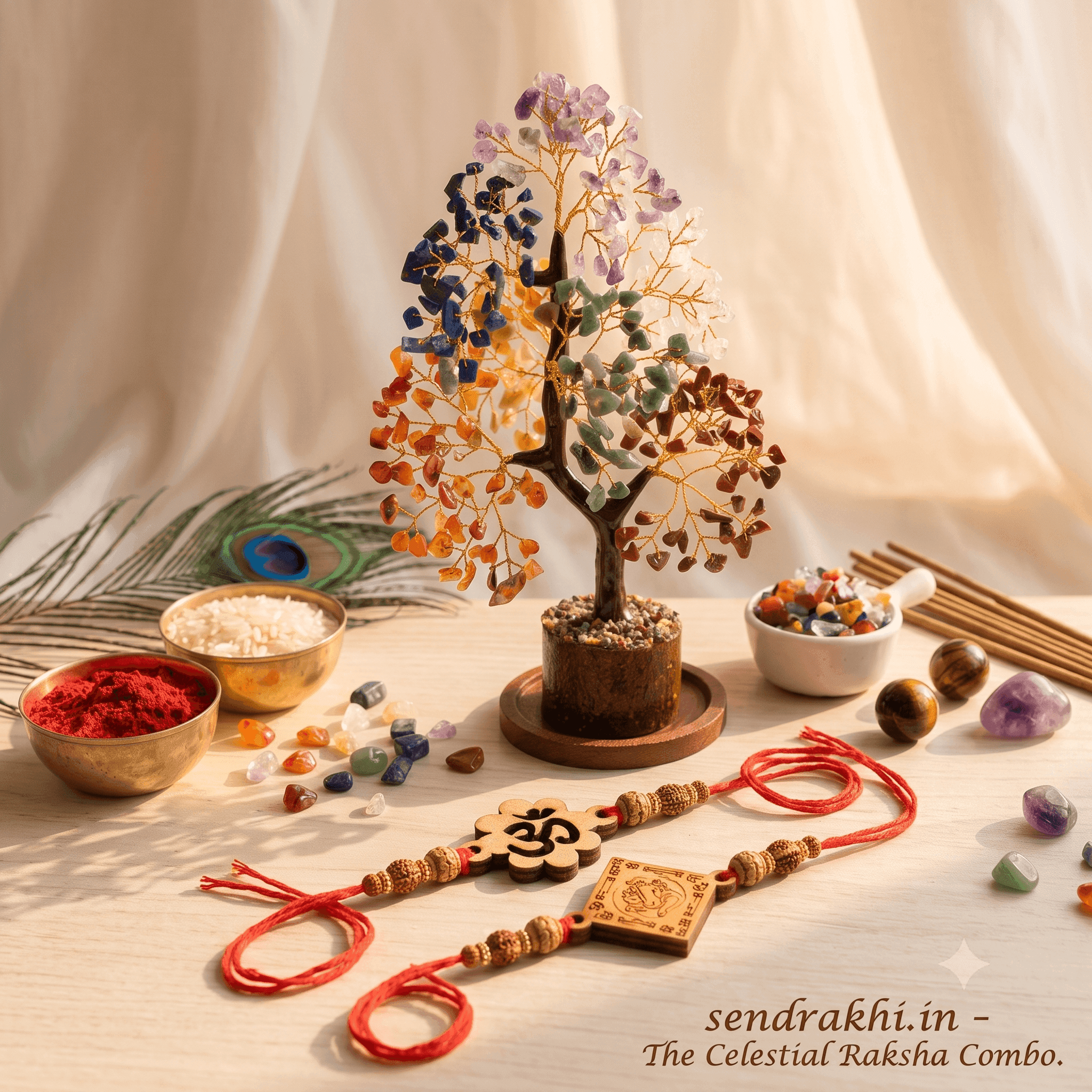 Multicolor Rakhi Combo Set 2026 with Seven Chakra Crystal Tree - Raksha Bandhan Gift Combo