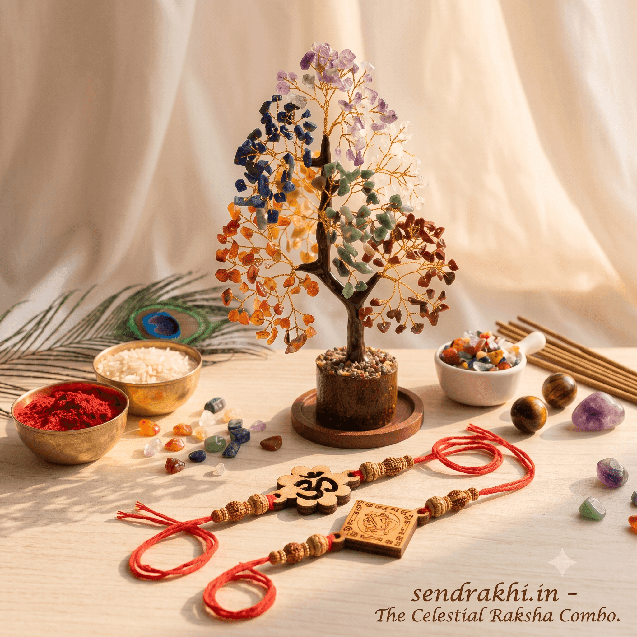 Multicolor Rakhi Combo Set 2026 with Seven Chakra Crystal Tree - Raksha Bandhan Gift Combo