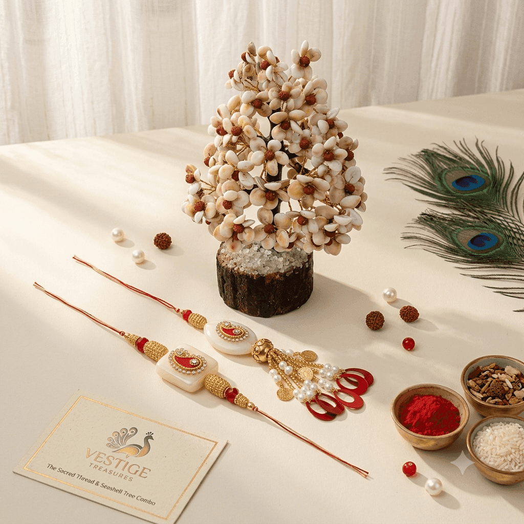 Golden Gleam Crystal Rakhi Set 2026 with Rudraksha Gomti Chakra Tree - Raksha Bandhan Gift Combo