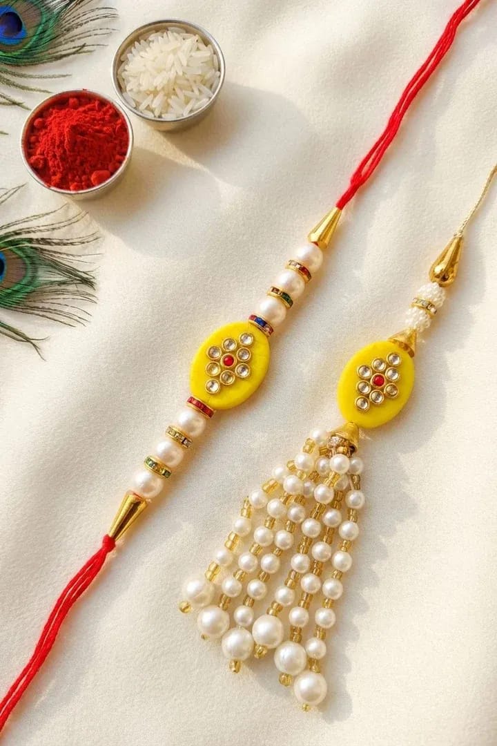 Golden Glow: Buy Colorful Kundan Rakhi, Handmade w Alloy, Crystal & Fabric
